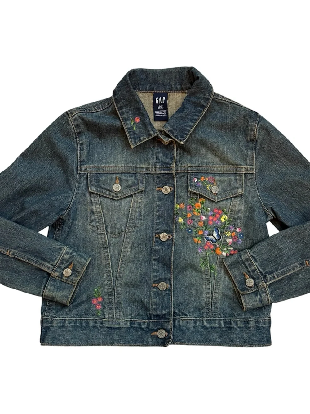Vintage GAP Girls Denim Jean Jacket Embroidered Flowers Butterfly Size S
